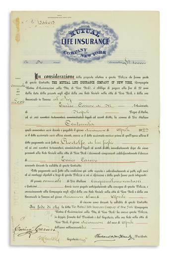 CARUSO, ENRICO. Partly-printed Document Signed, office copy of a life insurance policy valued at 100,000 lire insuring him,